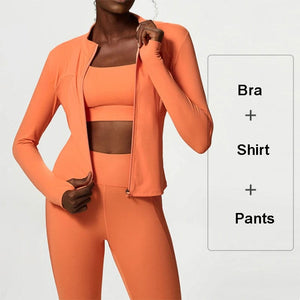 Planet Gates 3Pcs Fitness Yoga Set Women Workout Athletic Clothing Long Sleeve Shirt Gym Bras High Waist Leggings Tights-Fitting Sportswear