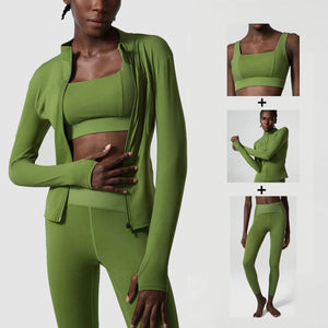 Planet Gates 3Pcs Fitness Yoga Set Women Workout Athletic Clothing Long Sleeve Shirt Gym Bras High Waist Leggings Tights-Fitting Sportswear