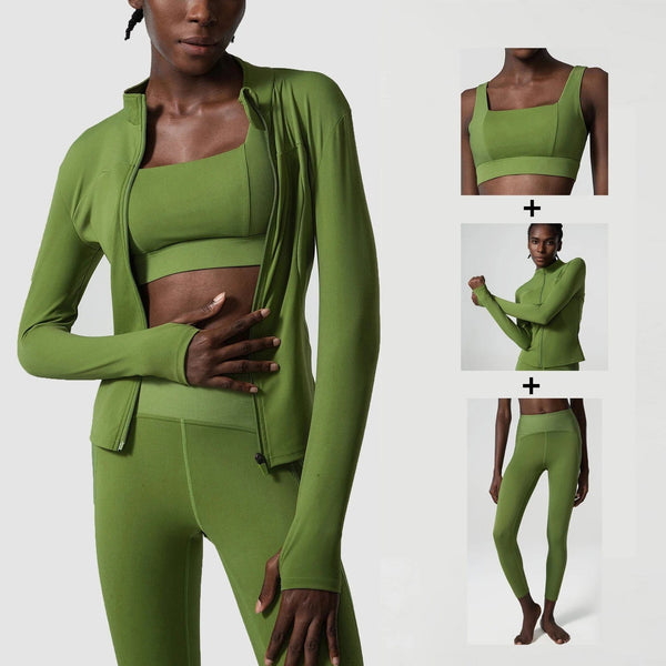 Planet Gates 3Pcs Fitness Yoga Set Women Workout Athletic Clothing Long Sleeve Shirt Gym Bras High Waist Leggings Tights-Fitting Sportswear