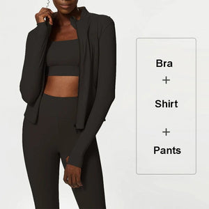 Planet Gates 3Pcs Fitness Yoga Set Women Workout Athletic Clothing Long Sleeve Shirt Gym Bras High Waist Leggings Tights-Fitting Sportswear