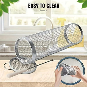 Planet Gates 3pcs/set 3pcs/set, BBQ Rolling Grill Basket, Stainless Steel Grilled Cage With Fork Hook Set, Round Stainless Steel BBQ Grill Mesh For Vegetable Fries Fish, BBQ Vegetable Slices Basket For Outdoor Picnic.