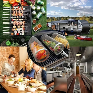 Planet Gates 3pcs/set 3pcs/set, BBQ Rolling Grill Basket, Stainless Steel Grilled Cage With Fork Hook Set, Round Stainless Steel BBQ Grill Mesh For Vegetable Fries Fish, BBQ Vegetable Slices Basket For Outdoor Picnic.