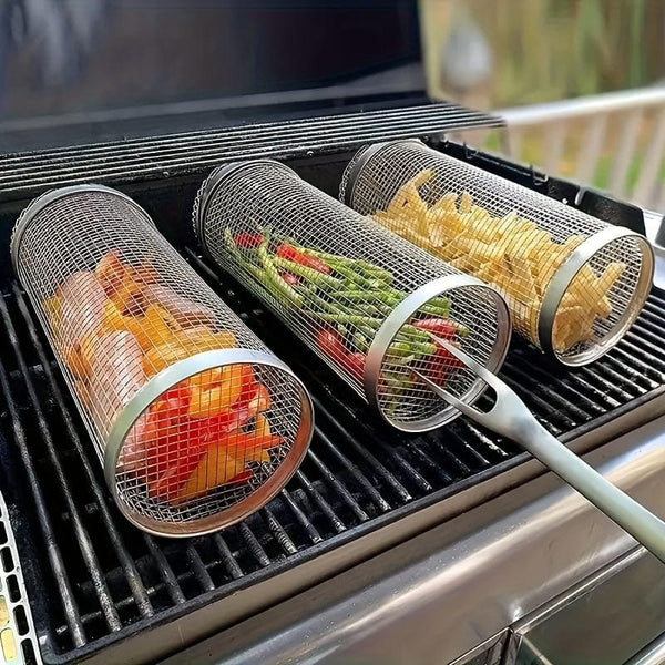 Planet Gates 3pcs/set 3pcs/set, BBQ Rolling Grill Basket, Stainless Steel Grilled Cage With Fork Hook Set, Round Stainless Steel BBQ Grill Mesh For Vegetable Fries Fish, BBQ Vegetable Slices Basket For Outdoor Picnic.