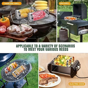 Planet Gates 3pcs/set 3pcs/set, BBQ Rolling Grill Basket, Stainless Steel Grilled Cage With Fork Hook Set, Round Stainless Steel BBQ Grill Mesh For Vegetable Fries Fish, BBQ Vegetable Slices Basket For Outdoor Picnic.