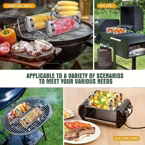Planet Gates 3pcs/set 3pcs/set, BBQ Rolling Grill Basket, Stainless Steel Grilled Cage With Fork Hook Set, Round Stainless Steel BBQ Grill Mesh For Vegetable Fries Fish, BBQ Vegetable Slices Basket For Outdoor Picnic.