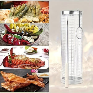 Planet Gates 3pcs/set 3pcs/set, BBQ Rolling Grill Basket, Stainless Steel Grilled Cage With Fork Hook Set, Round Stainless Steel BBQ Grill Mesh For Vegetable Fries Fish, BBQ Vegetable Slices Basket For Outdoor Picnic.