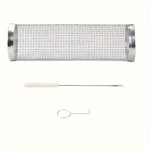 Planet Gates 3pcs/set 3pcs/set, BBQ Rolling Grill Basket, Stainless Steel Grilled Cage With Fork Hook Set, Round Stainless Steel BBQ Grill Mesh For Vegetable Fries Fish, BBQ Vegetable Slices Basket For Outdoor Picnic.