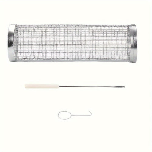 Planet Gates 3pcs/set 3pcs/set, BBQ Rolling Grill Basket, Stainless Steel Grilled Cage With Fork Hook Set, Round Stainless Steel BBQ Grill Mesh For Vegetable Fries Fish, BBQ Vegetable Slices Basket For Outdoor Picnic.