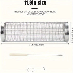 Planet Gates 3pcs/set 3pcs/set, BBQ Rolling Grill Basket, Stainless Steel Grilled Cage With Fork Hook Set, Round Stainless Steel BBQ Grill Mesh For Vegetable Fries Fish, BBQ Vegetable Slices Basket For Outdoor Picnic.