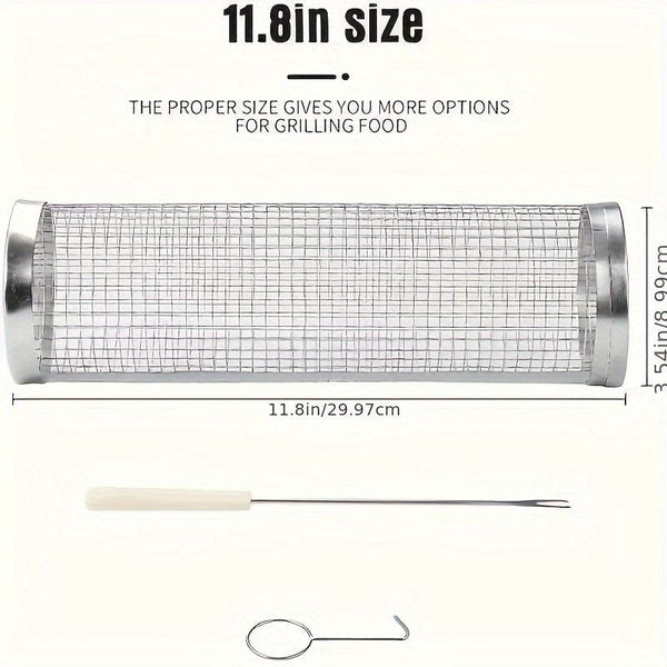 Planet Gates 3pcs/set 3pcs/set, BBQ Rolling Grill Basket, Stainless Steel Grilled Cage With Fork Hook Set, Round Stainless Steel BBQ Grill Mesh For Vegetable Fries Fish, BBQ Vegetable Slices Basket For Outdoor Picnic.