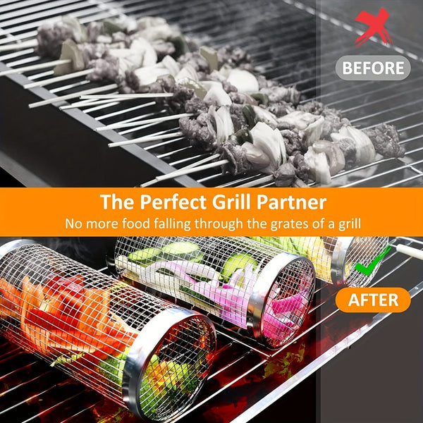 Planet Gates 3pcs/set, BBQ Rolling Grill Basket, Stainless Steel Grilled Cage, Round Stainless Steel BBQ Grill Mesh For Vegetable Fries Fish, BBQ Vegetable Slices Basket For Outdoor Picnic Camping, Grill Accessories, BBQ Accessaries