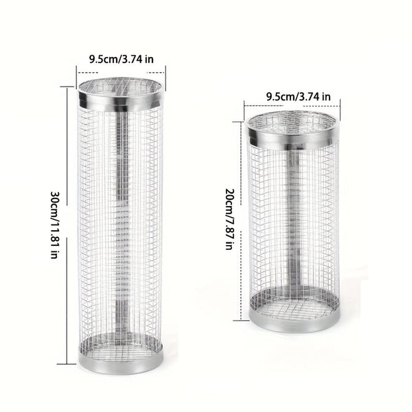 Planet Gates 3pcs/set, BBQ Rolling Grill Basket, Stainless Steel Grilled Cage, Round Stainless Steel BBQ Grill Mesh For Vegetable Fries Fish, BBQ Vegetable Slices Basket For Outdoor Picnic Camping, Grill Accessories, BBQ Accessaries