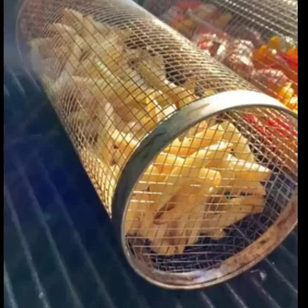 Planet Gates 3pcs/set, BBQ Rolling Grill Basket, Stainless Steel Grilled Cage, Round Stainless Steel BBQ Grill Mesh For Vegetable Fries Fish, BBQ Vegetable Slices Basket For Outdoor Picnic Camping, Grill Accessories, BBQ Accessaries