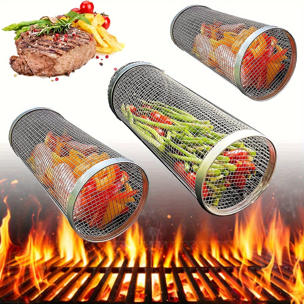 Planet Gates 3pcs/set, BBQ Rolling Grill Basket, Stainless Steel Grilled Cage, Round Stainless Steel BBQ Grill Mesh For Vegetable Fries Fish, BBQ Vegetable Slices Basket For Outdoor Picnic Camping, Grill Accessories, BBQ Accessaries