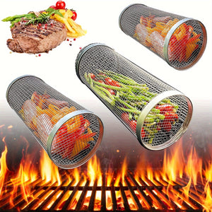 Planet Gates 3pcs/set, BBQ Rolling Grill Basket, Stainless Steel Grilled Cage, Round Stainless Steel BBQ Grill Mesh For Vegetable Fries Fish, BBQ Vegetable Slices Basket For Outdoor Picnic Camping, Grill Accessories, BBQ Accessaries