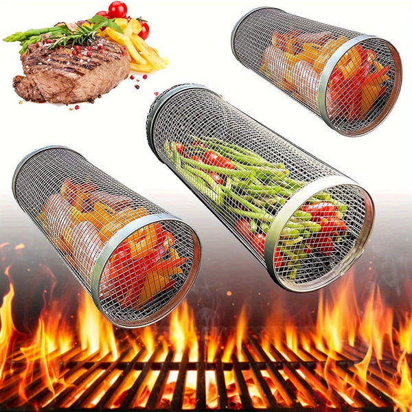 Planet Gates 3pcs/set, BBQ Rolling Grill Basket, Stainless Steel Grilled Cage, Round Stainless Steel BBQ Grill Mesh For Vegetable Fries Fish, BBQ Vegetable Slices Basket For Outdoor Picnic Camping, Grill Accessories, BBQ Accessaries