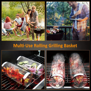 Planet Gates 3pcs/set, BBQ Rolling Grill Basket, Stainless Steel Grilled Cage, Round Stainless Steel BBQ Grill Mesh For Vegetable Fries Fish, BBQ Vegetable Slices Basket For Outdoor Picnic Camping, Grill Accessories, BBQ Accessaries