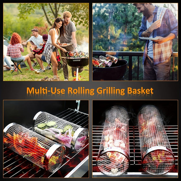 Planet Gates 3pcs/set, BBQ Rolling Grill Basket, Stainless Steel Grilled Cage, Round Stainless Steel BBQ Grill Mesh For Vegetable Fries Fish, BBQ Vegetable Slices Basket For Outdoor Picnic Camping, Grill Accessories, BBQ Accessaries