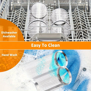 Planet Gates 3pcs/set, BBQ Rolling Grill Basket, Stainless Steel Grilled Cage, Round Stainless Steel BBQ Grill Mesh For Vegetable Fries Fish, BBQ Vegetable Slices Basket For Outdoor Picnic Camping, Grill Accessories, BBQ Accessaries