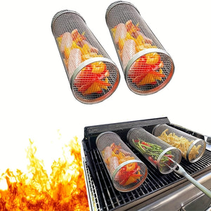 Planet Gates 3pcs/set, BBQ Rolling Grill Basket, Stainless Steel Grilled Cage, Round Stainless Steel BBQ Grill Mesh For Vegetable Fries Fish, BBQ Vegetable Slices Basket For Outdoor Picnic Camping, Grill Accessories, BBQ Accessaries