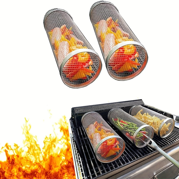 Planet Gates 3pcs/set, BBQ Rolling Grill Basket, Stainless Steel Grilled Cage, Round Stainless Steel BBQ Grill Mesh For Vegetable Fries Fish, BBQ Vegetable Slices Basket For Outdoor Picnic Camping, Grill Accessories, BBQ Accessaries