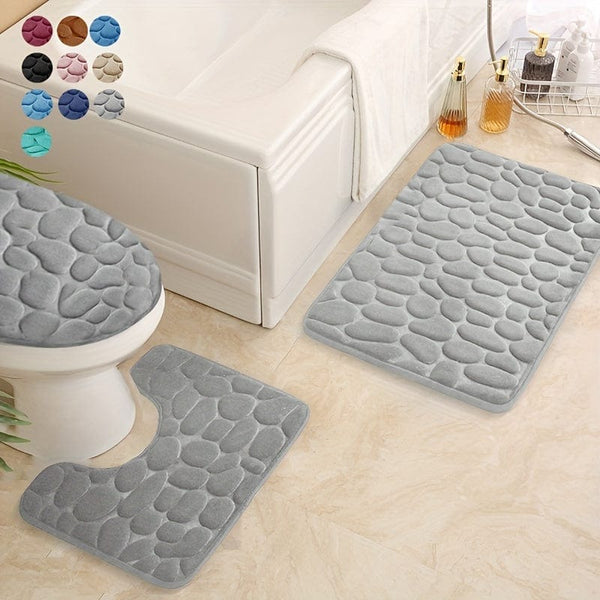 Planet Gates 3pcs/set, Memory Foam Bathroom Rugs Set, Cobblestone Embossed Ultra Soft Non-Slip Bath Rug & Absorbent Bath Mat Carpets, Includes U-Shaped Contour Rug, Perfect For Bathroom/Shower, Bathroom Supplies