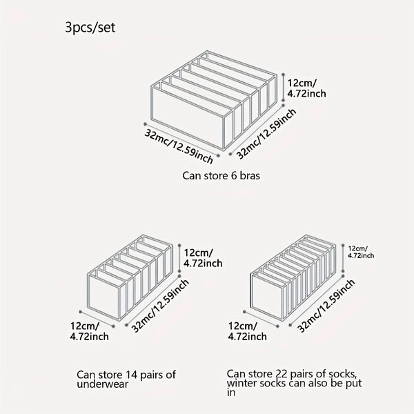 Planet Gates 3pcs Underwear Storage Boxes, Household Compartment Fabric Clothes Organizer, Drawers Dividers Organizer, Multifunctional Wardrobe Organizer For Panties Socks Bra Storage