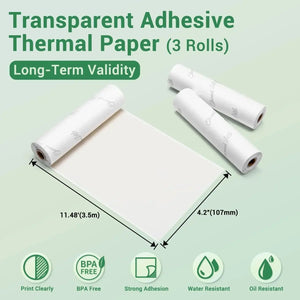 Planet Gates 3PK Phomemo Adhesive Transparent Thermal Paper Clear Adhesive Thermal Sticker Paper for M04S/M04AS Bluetooth Printer 110mmx3.5m
