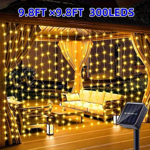 Planet Gates 3×3 / Warm White LED Solar Curtain Light, Outdoor Fairy Lights, Waterproof Copper Wire Lights, Christmas Party Wedding Home Bedroom Garden Wall Decoration