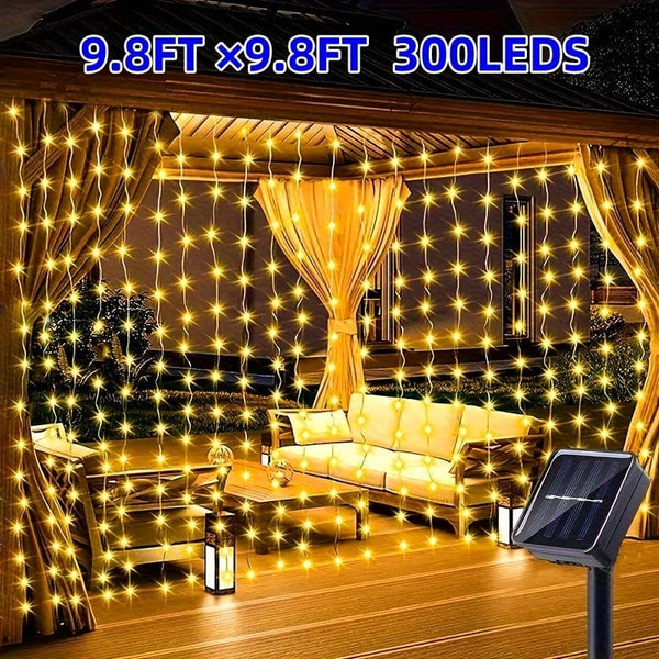 Planet Gates 3×3 / Warm White LED Solar Curtain Light, Outdoor Fairy Lights, Waterproof Copper Wire Lights, Christmas Party Wedding Home Bedroom Garden Wall Decoration