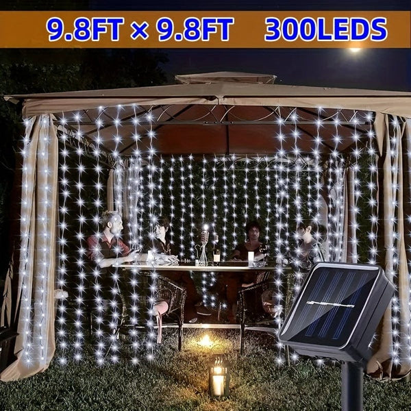 Planet Gates 3×3 / White Light LED Solar Curtain Light, Outdoor Fairy Lights, Waterproof Copper Wire Lights, Christmas Party Wedding Home Bedroom Garden Wall Decoration