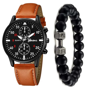 Planet Gates 4/2/1pcs Men Sports Watches Set Man Business Quartz Wristwatch Luxury Brown Leather Bracelet Men Casual Clock Watch（no Box）