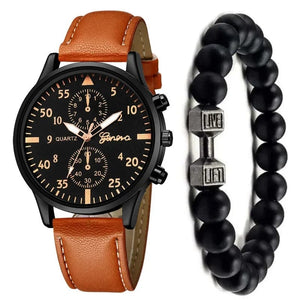 Planet Gates 4/2/1pcs Men Sports Watches Set Man Business Quartz Wristwatch Luxury Brown Leather Bracelet Men Casual Clock Watch（no Box）