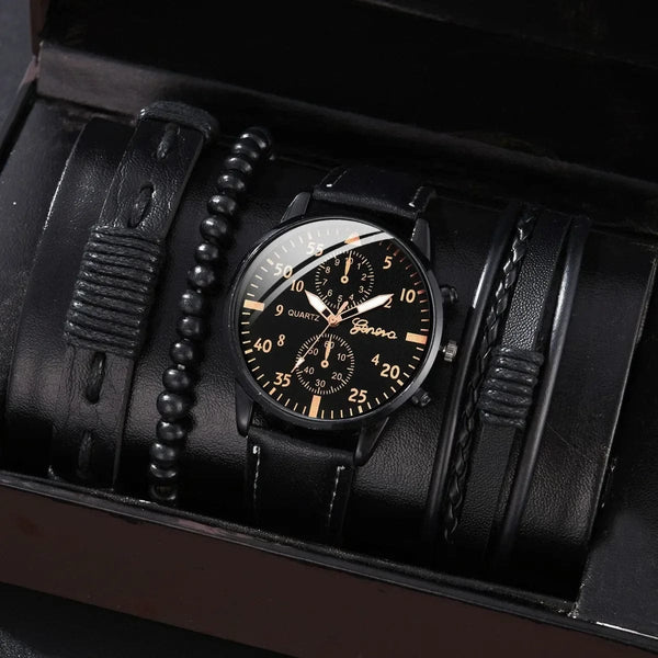 Planet Gates 4/2/1pcs Men Sports Watches Set Man Business Quartz Wristwatch Luxury Brown Leather Bracelet Men Casual Clock Watch（no Box）