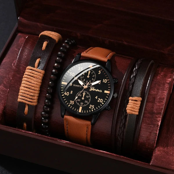 Planet Gates 4/2/1pcs Men Sports Watches Set Man Business Quartz Wristwatch Luxury Brown Leather Bracelet Men Casual Clock Watch（no Box）