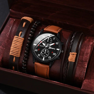 Planet Gates 4/2/1pcs Men Sports Watches Set Man Business Quartz Wristwatch Luxury Brown Leather Bracelet Men Casual Clock Watch（no Box）
