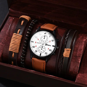 Planet Gates 4/2/1pcs Men Sports Watches Set Man Business Quartz Wristwatch Luxury Brown Leather Bracelet Men Casual Clock Watch（no Box）