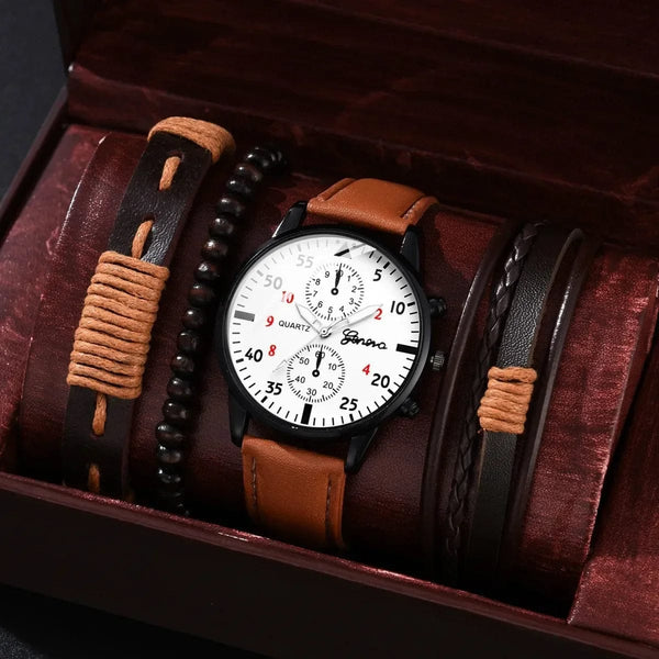 Planet Gates 4/2/1pcs Men Sports Watches Set Man Business Quartz Wristwatch Luxury Brown Leather Bracelet Men Casual Clock Watch（no Box）
