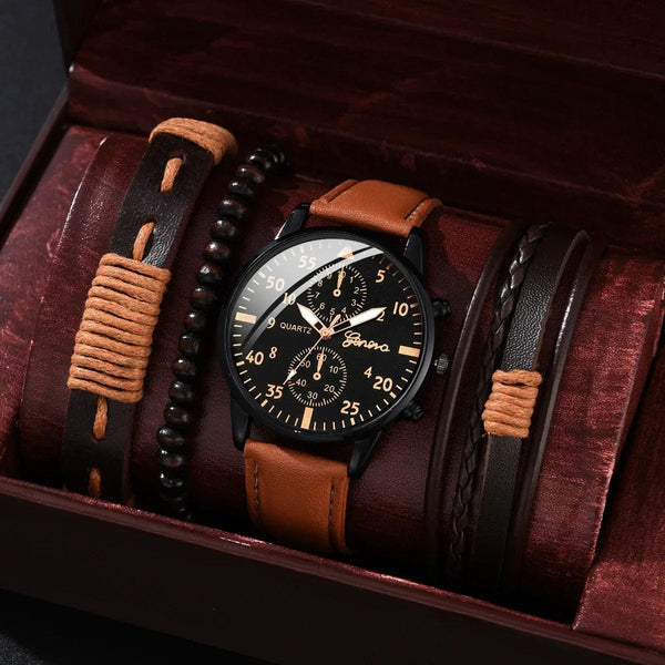 Planet Gates 4/2/1pcs Men Sports Watches Set Man Business Quartz Wristwatch Luxury Brown Leather Bracelet Men Casual Clock Watch（no Box）