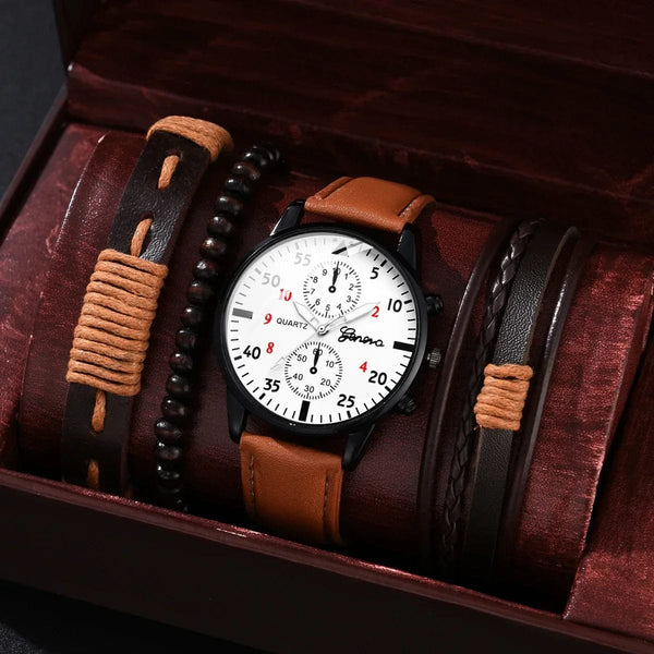 Planet Gates 4/2/1pcs Men Sports Watches Set Man Business Quartz Wristwatch Luxury Brown Leather Bracelet Men Casual Clock Watch（no Box）