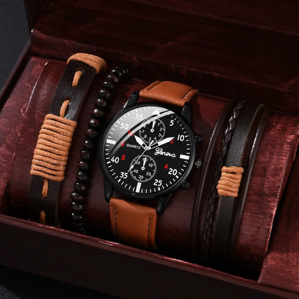 Planet Gates 4/2/1pcs Men Sports Watches Set Man Business Quartz Wristwatch Luxury Brown Leather Bracelet Men Casual Clock Watch（no Box）