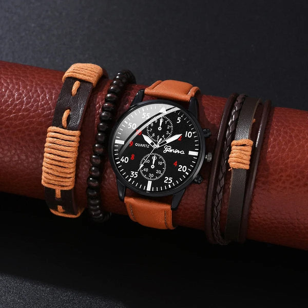 Planet Gates 4/2/1pcs Men Sports Watches Set Man Business Quartz Wristwatch Luxury Brown Leather Bracelet Men Casual Clock Watch（no Box）