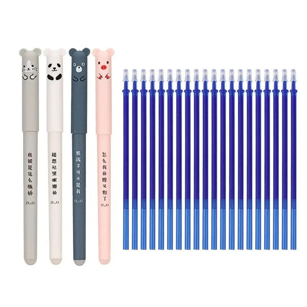 Planet Gates 4+20 Pcs/Set Kawaii Pig Bear Cat Erasable Gel Pen Refills Rods 0.35mm Blue Black Ink Washable Handle School Office Supplies Gift