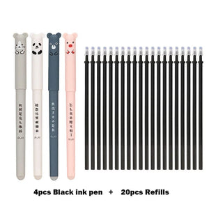 Planet Gates 4+20 Pcs/Set Kawaii Pig Bear Cat Erasable Gel Pen Refills Rods 0.35mm Blue Black Ink Washable Handle School Office Supplies Gift