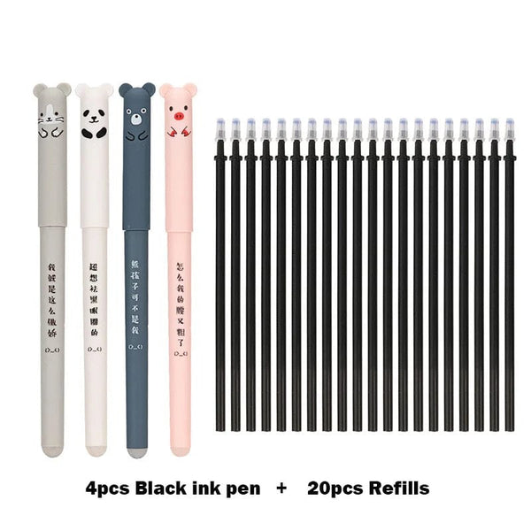 Planet Gates 4+20 Pcs/Set Kawaii Pig Bear Cat Erasable Gel Pen Refills Rods 0.35mm Blue Black Ink Washable Handle School Office Supplies Gift
