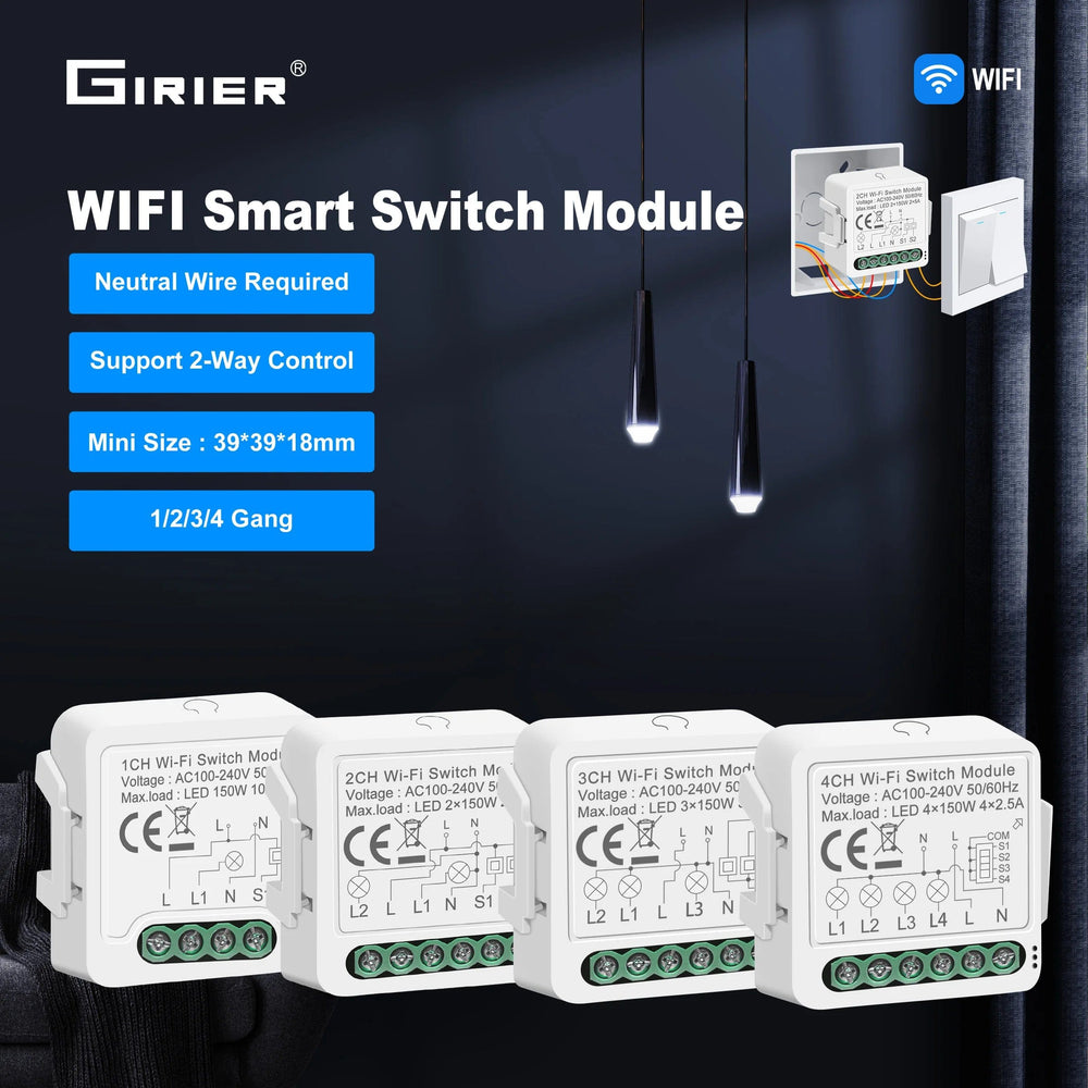 Planet Gates 4 Gang Tuya Wifi Smart Light Switch Module Supports 2 Way Control, App Remote Control DIY Breaker 100-240V, Work with Alexa Google Home