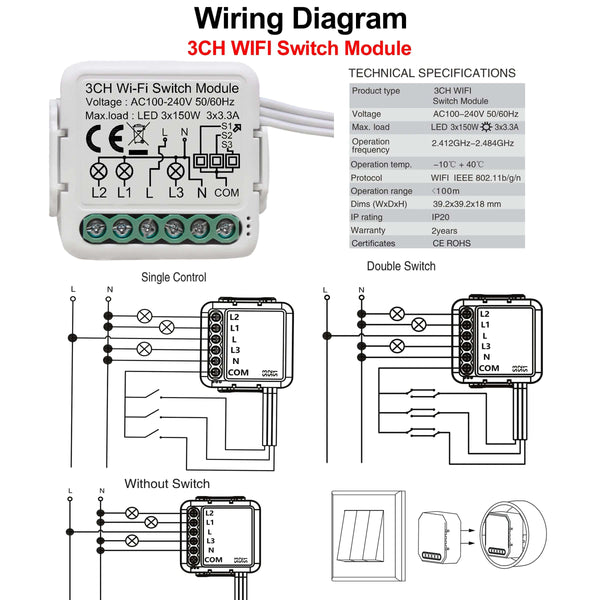 Planet Gates 4 Gang Tuya Wifi Smart Light Switch Module Supports 2 Way Control, App Remote Control DIY Breaker 100-240V, Work with Alexa Google Home