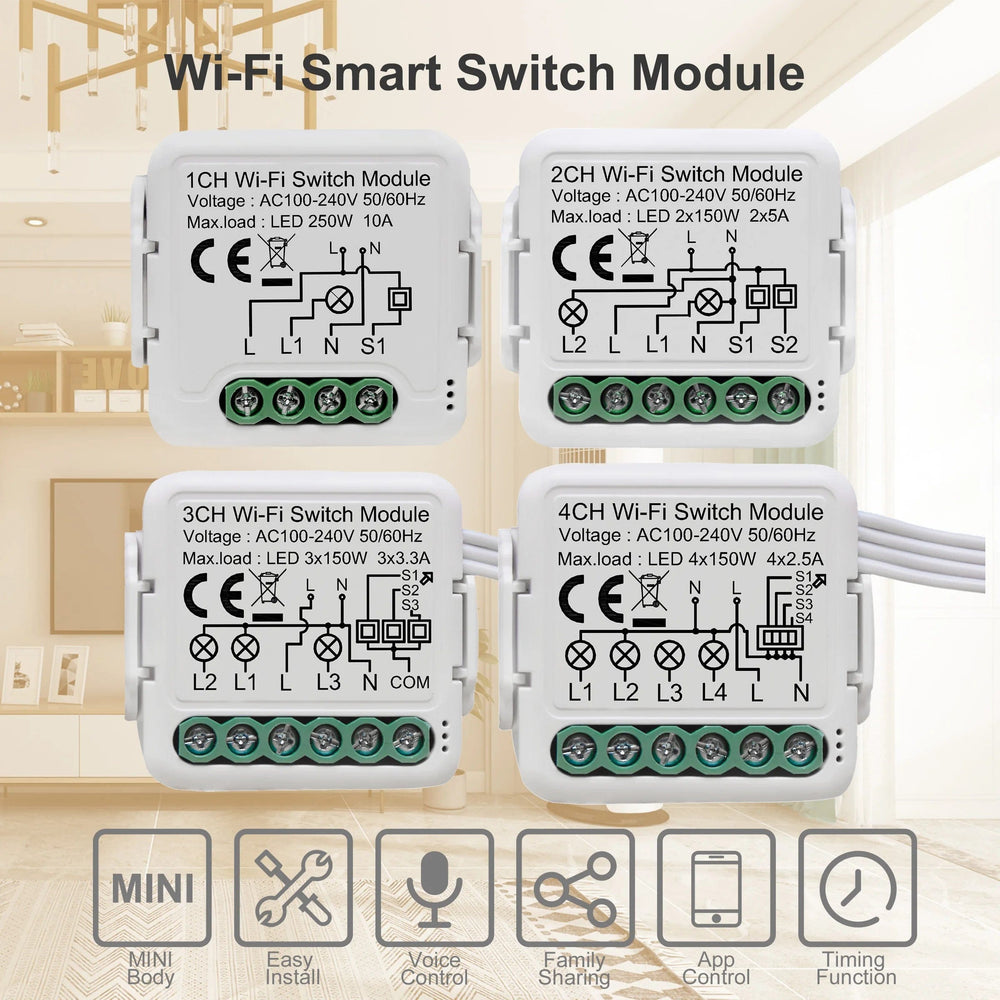 Planet Gates 4 Gang Tuya Wifi Smart Light Switch Module Supports 2 Way Control, App Remote Control DIY Breaker 100-240V, Work with Alexa Google Home