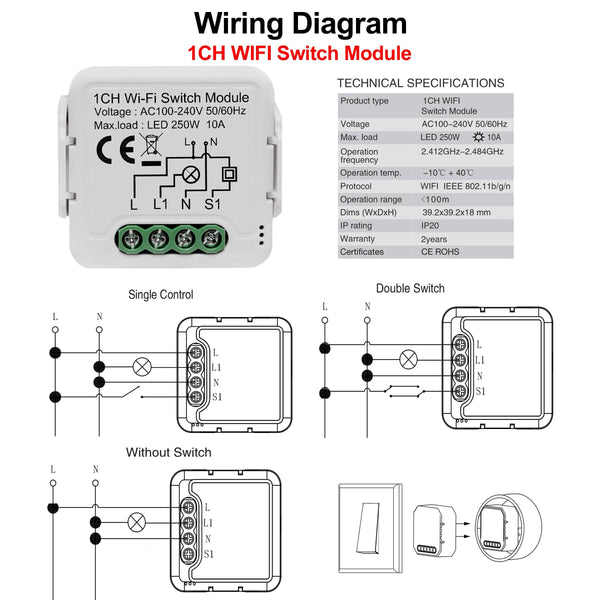 Planet Gates 4 Gang Tuya Wifi Smart Light Switch Module Supports 2 Way Control, App Remote Control DIY Breaker 100-240V, Work with Alexa Google Home