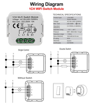 Planet Gates 4 Gang Tuya Wifi Smart Light Switch Module Supports 2 Way Control, App Remote Control DIY Breaker 100-240V, Work with Alexa Google Home